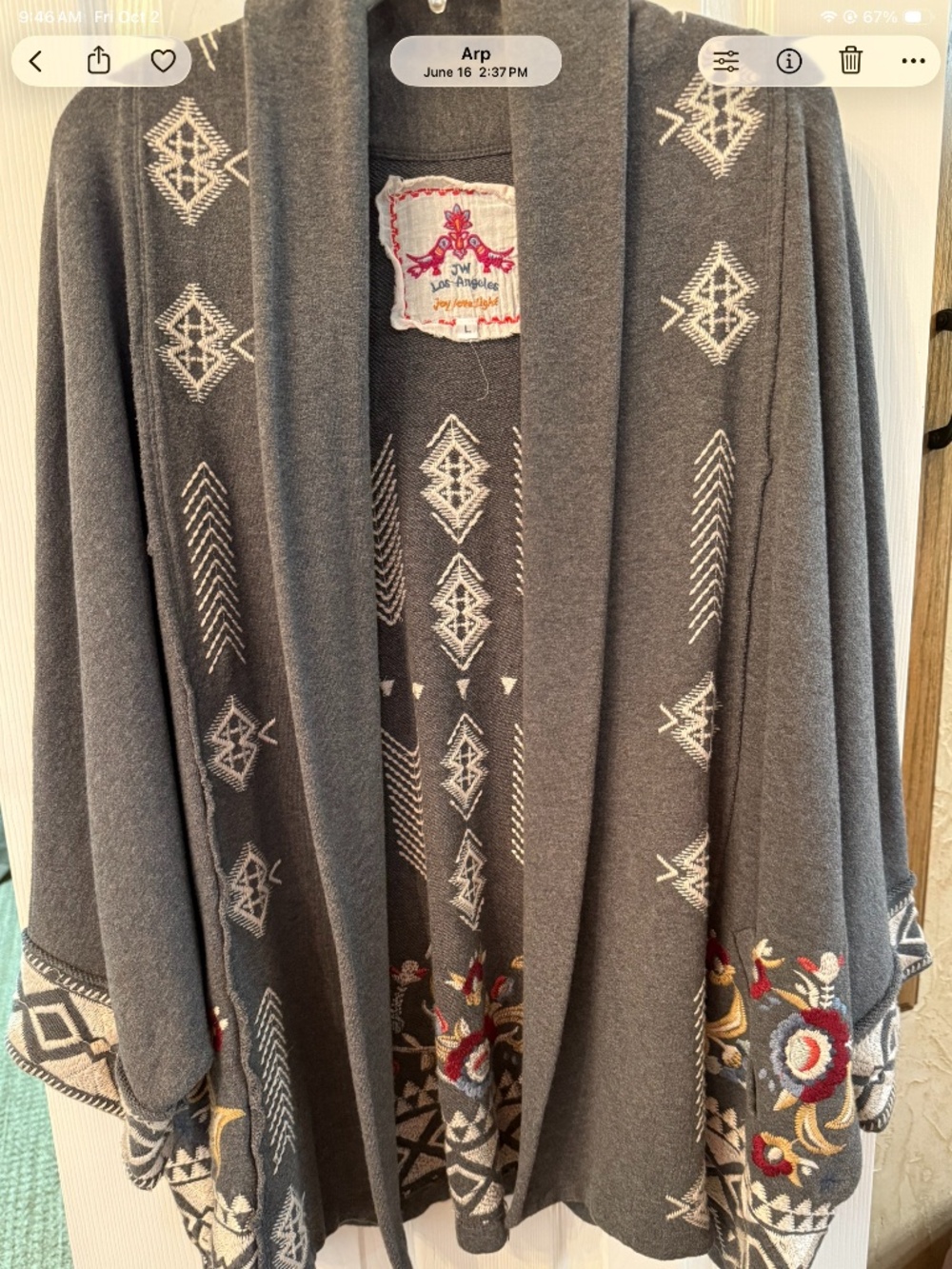 Johnny Was embroidered gray jacket size large